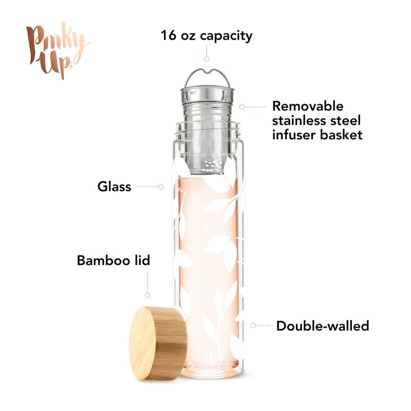 Pinky Up Blair Travel Tea Infuser Mug, Double Walled Insulated Travel Tumbler with Loose Leaf Tea Strainer, Travel Coffee Mug, Keeps Drinks Hot or Cold, 16 oz, White Leaf - Image 2